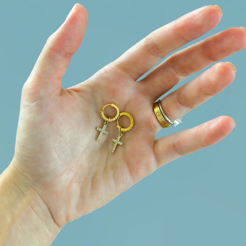 Gold Cross Hoop Huggies Earrings